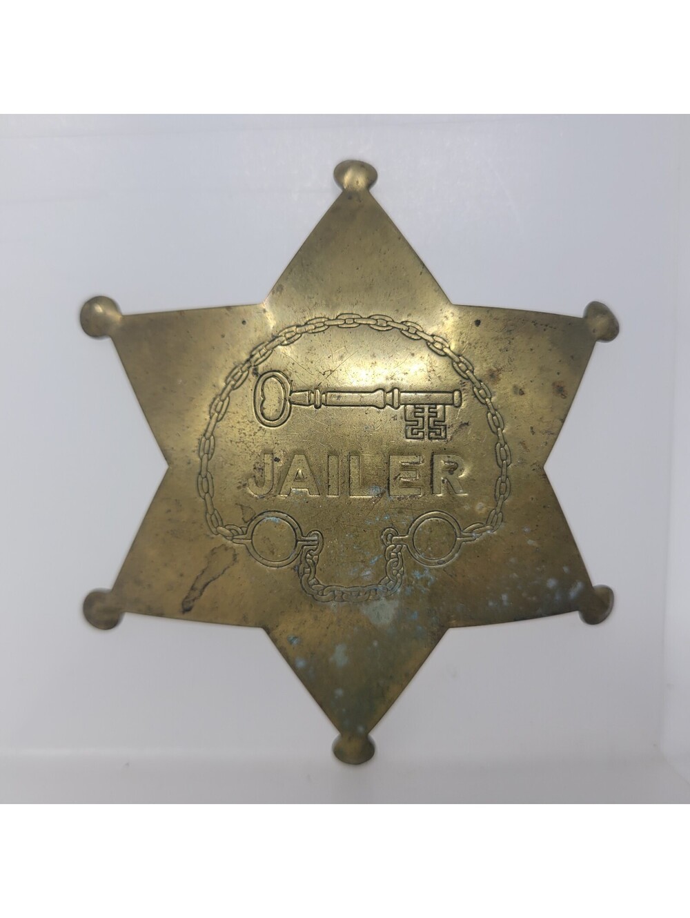 Vintage Fox Stamp Jailer Brass 6 Point Star Badge Pin Old West Novelty 1970s